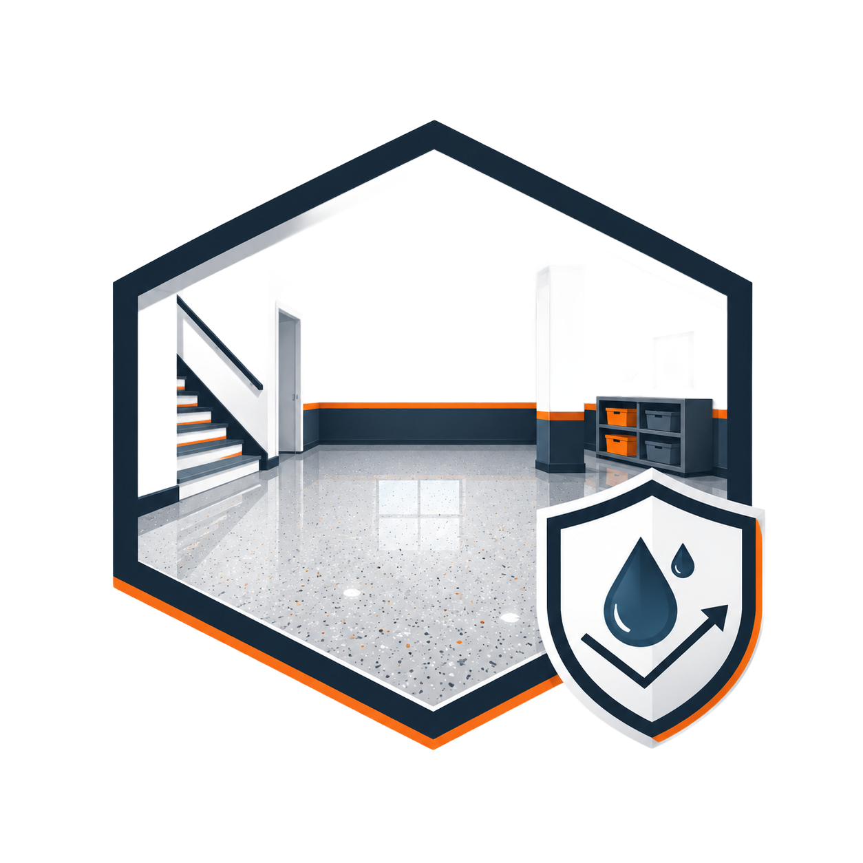 Hexagon logo of a modern home interior with water-drop shield icon, suggesting waterproof flooring or protection