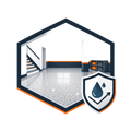 Hexagonal home interior icon with glossy floor, stairs, and water shield droplet symbol