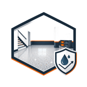 Hexagonal home interior icon with glossy floor, stairs, and water shield droplet symbol