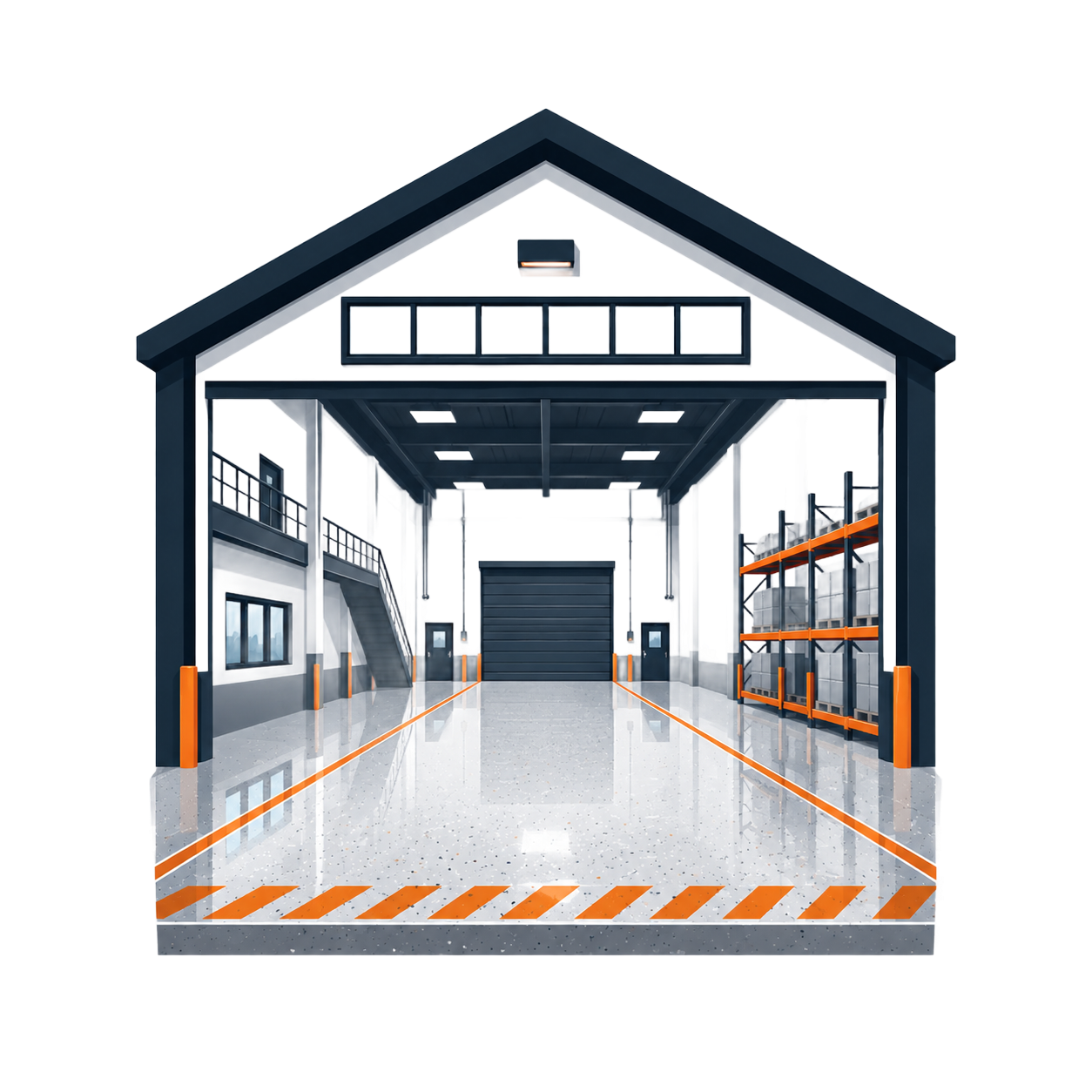 Modern warehouse interior with roller door, shelving, and orange safety markings