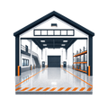 Warehouse interior with orange safety markings, shelving, and a large open entrance