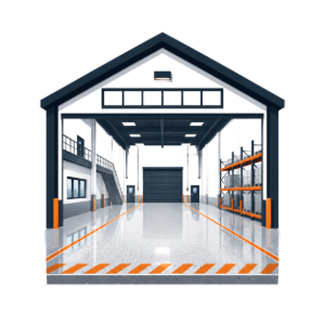 Warehouse interior with orange safety markings, shelving, and a large open entrance