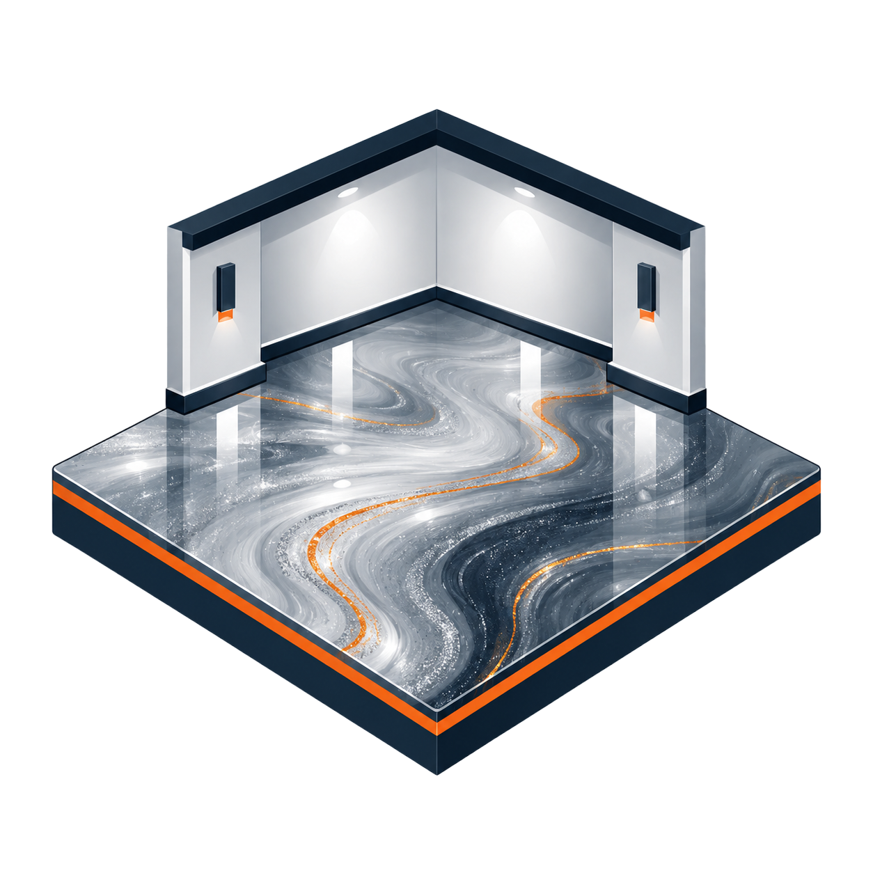 Abstract 3D room with gray marble floor, white walls, and orange-and-black trim