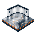Stylized 3D room with gray marble floor and orange accents, viewed in isometric perspective