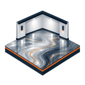 Stylized 3D room with gray marble floor and orange accents, viewed in isometric perspective
