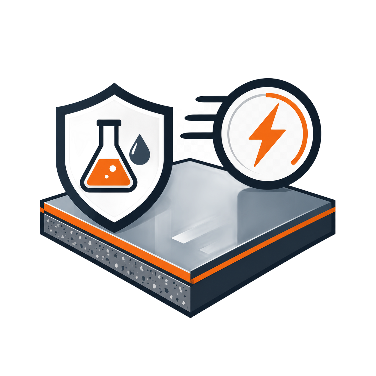 Shield with chemistry flask and droplet beside a speedometer over a layered platform, gray and orange