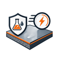 Shield with lab flask and droplet beside a speed gauge over a layered platform, suggesting fast liquid testing