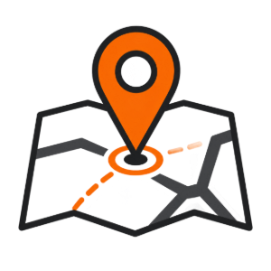 Orange map pin marking a route on a folded map icon