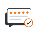 Five-star review card with orange stars and a checkmark badge