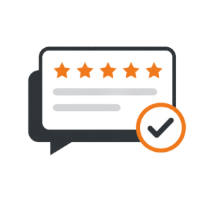 Five-star review card with orange stars and a checkmark badge