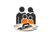 Three stylized people in black and orange gathered around a briefcase icon