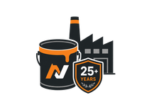 N logo on a paint can with a factory and “25+ years” shield emblem