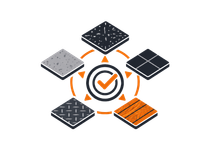 Four textured tile samples in black, gray, and orange surrounding a checkmark icon with circular arrows