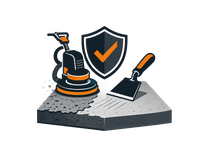 Cleaning tools and shield icon on a gray platform, symbolizing protection and maintenance