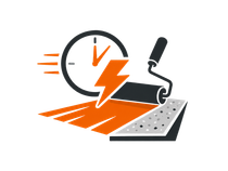 Clock, lightning bolt, and a drill cutting through pavement in orange and gray.
