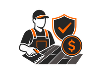 Worker with cap and apron laying tiles beside shield and dollar icons
