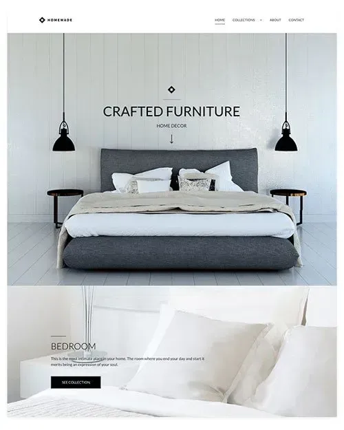 Website homepage featuring a modern bedroom with a gray bed. Below, a white nightstand with pillows.