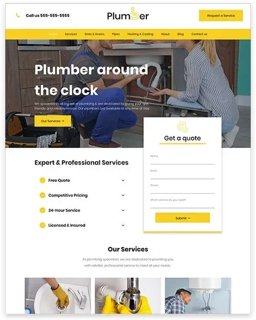 Website homepage for a plumbing service, featuring a plumber working, a quote form, and service descriptions.