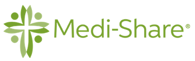 Green Medi-Share logo with cross shape.