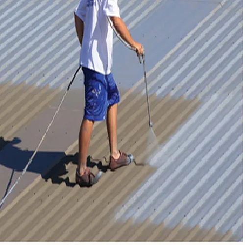 A man is spraying paint on a roof with a sprayer.