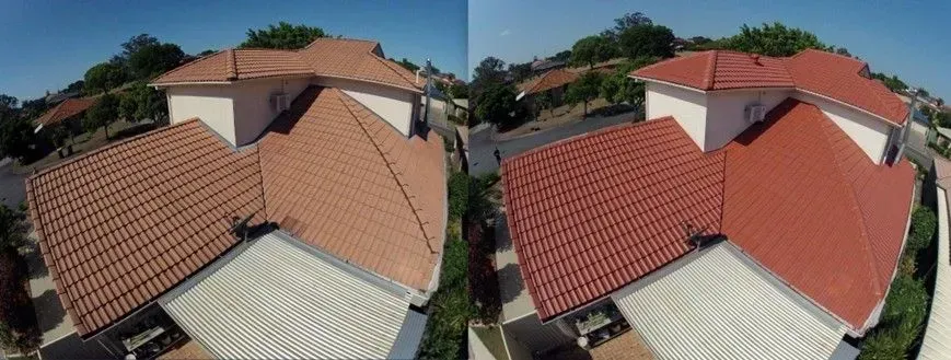 Before and after comparison of a tiled house roof, restored from faded to vibrant terracotta color.