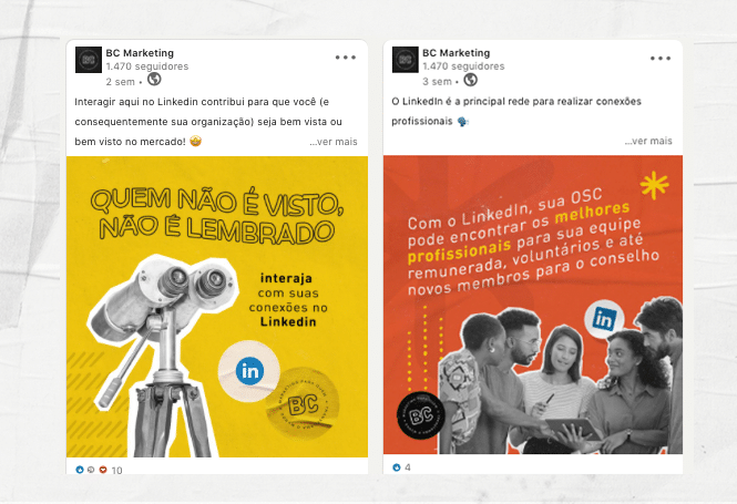 Prints de dois posts da BC Marketing pra quem transforma o mundo
