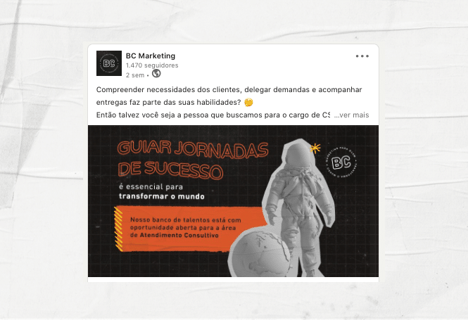 Print com exemplo de um post link da BC Marketing para quem transforma o mundo