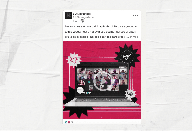 Print com um exemplo de post vídeo no LinkedIn da BC Marketing para quem transforma o mundo