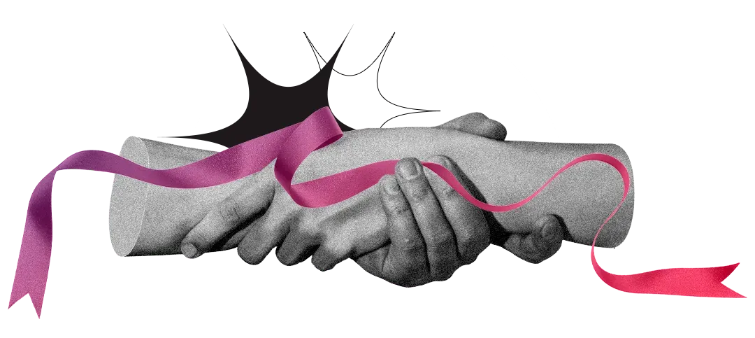 Um aperto de mão com uma fita rosa saindo dele