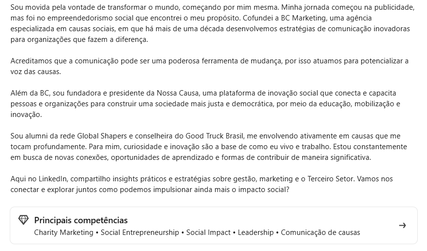 Print sobre o resumo do linkedin da Amanda Riesemberg, Diretora Executiva da BC Marketing, a fim de ilustrar o marketing pessoal para lideranças do terceiro setor.