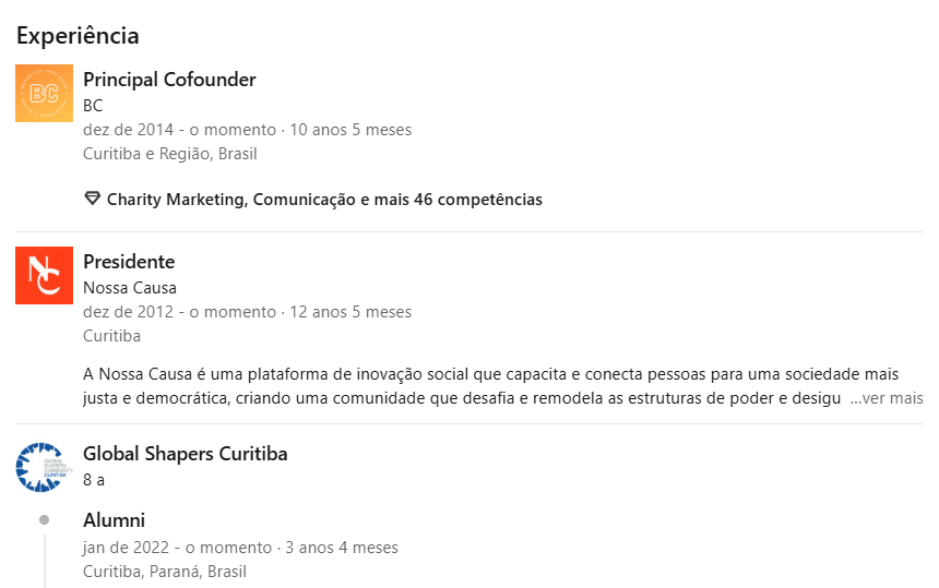 Print das experiências da Amanda Riesemberg, Diretora Executiva da BC Marketing, no Linkedin dela a fim de ilustrar o marketing pessoal para lideranças do terceiro setor.