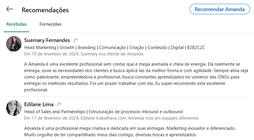 Print das recomendações do linkedin da Amanda Riesemberg, Diretora Executiva da BC Marketing, a fim de ilustrar o marketing pessoal para lideranças do terceiro setor.