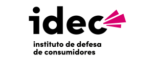 Logotipo da IDEC, um instituto de proteção ao consumidor, com texto preto e um gráfico rosa.