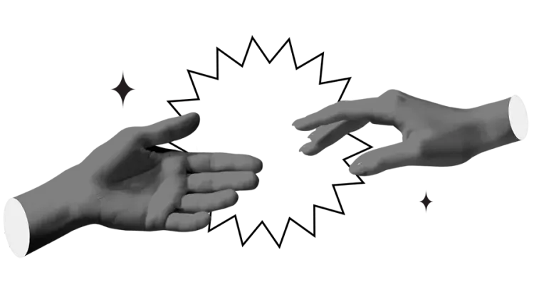 Uma ilustração em preto e branco de duas mãos se alcançando.