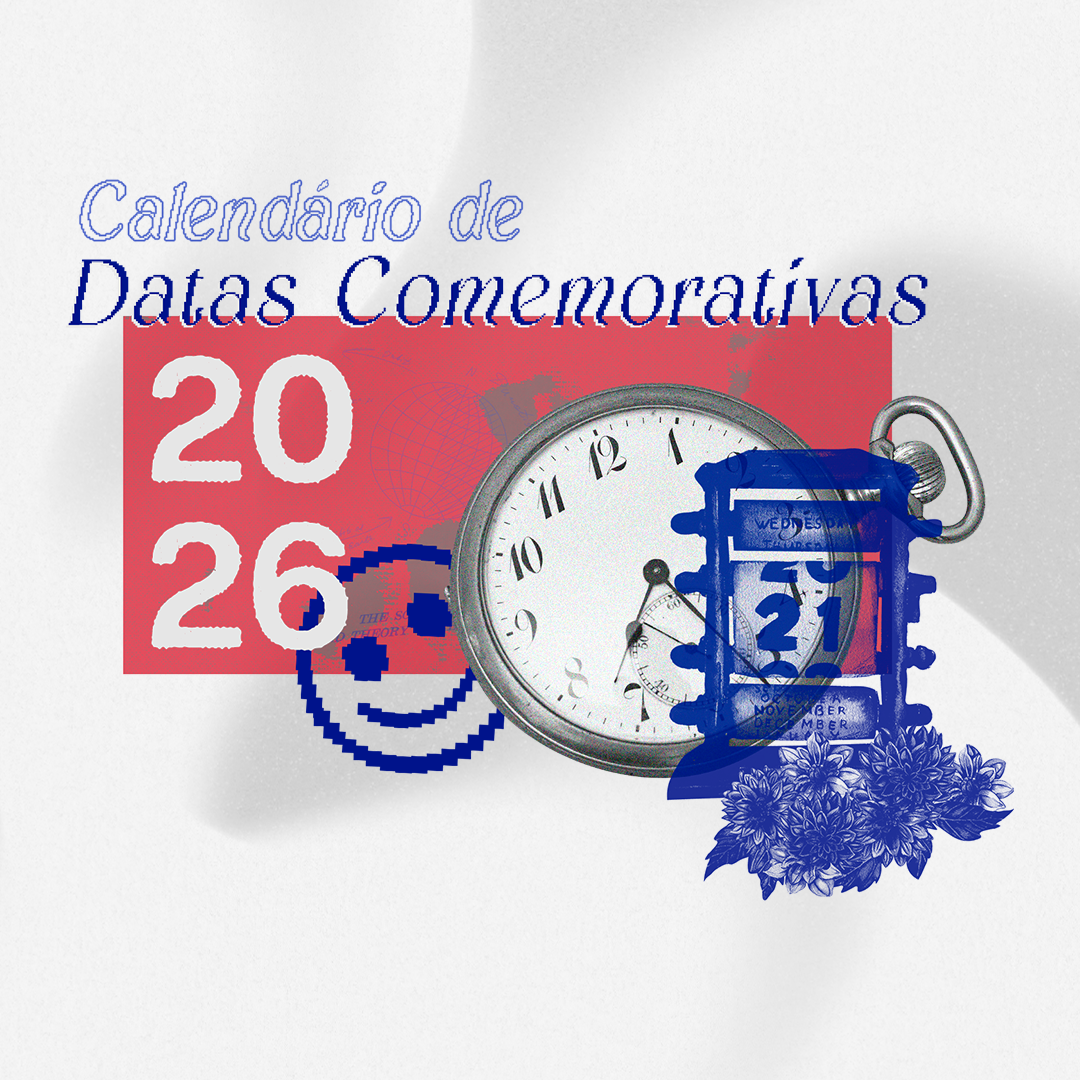 Arte “Datas Comemorativas 2026” em azul e vermelho, com relógio e calendário.