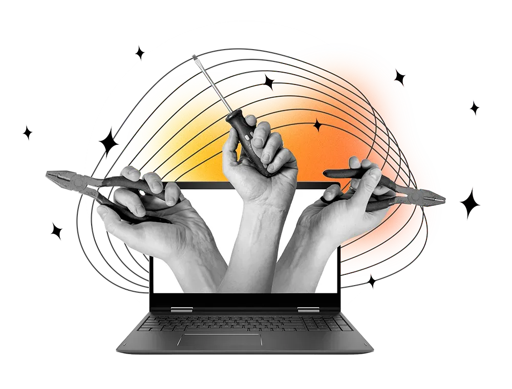 Uma ilustração em preto e branco de mãos segurando ferramentas na frente de um laptop.