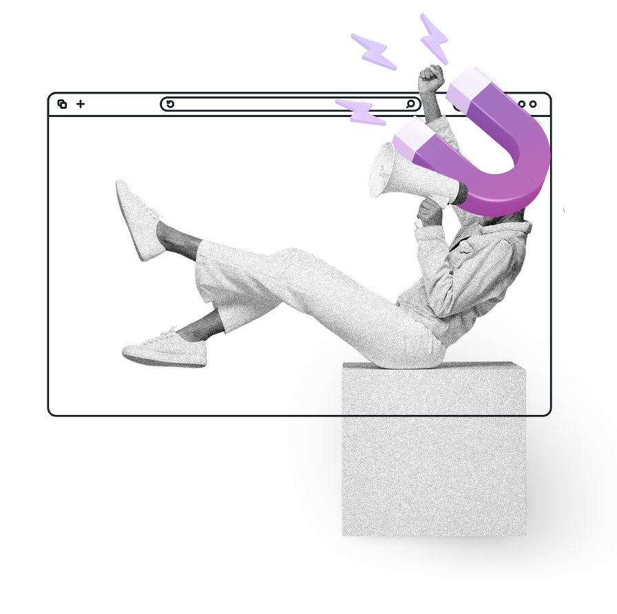 Uma mulher está sentada em um bloco com um ímã roxo na cabeça.