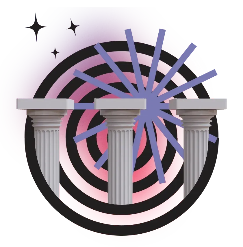 Três colunas estão em um círculo com uma espiral no meio