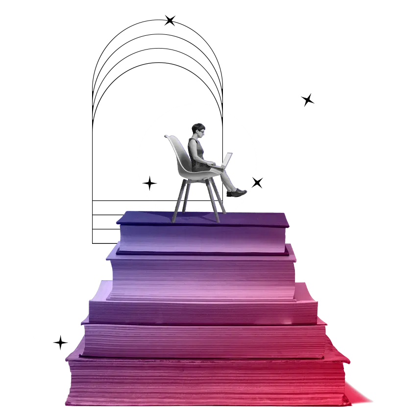 Um homem está sentado em uma cadeira em cima de uma pilha de livros.