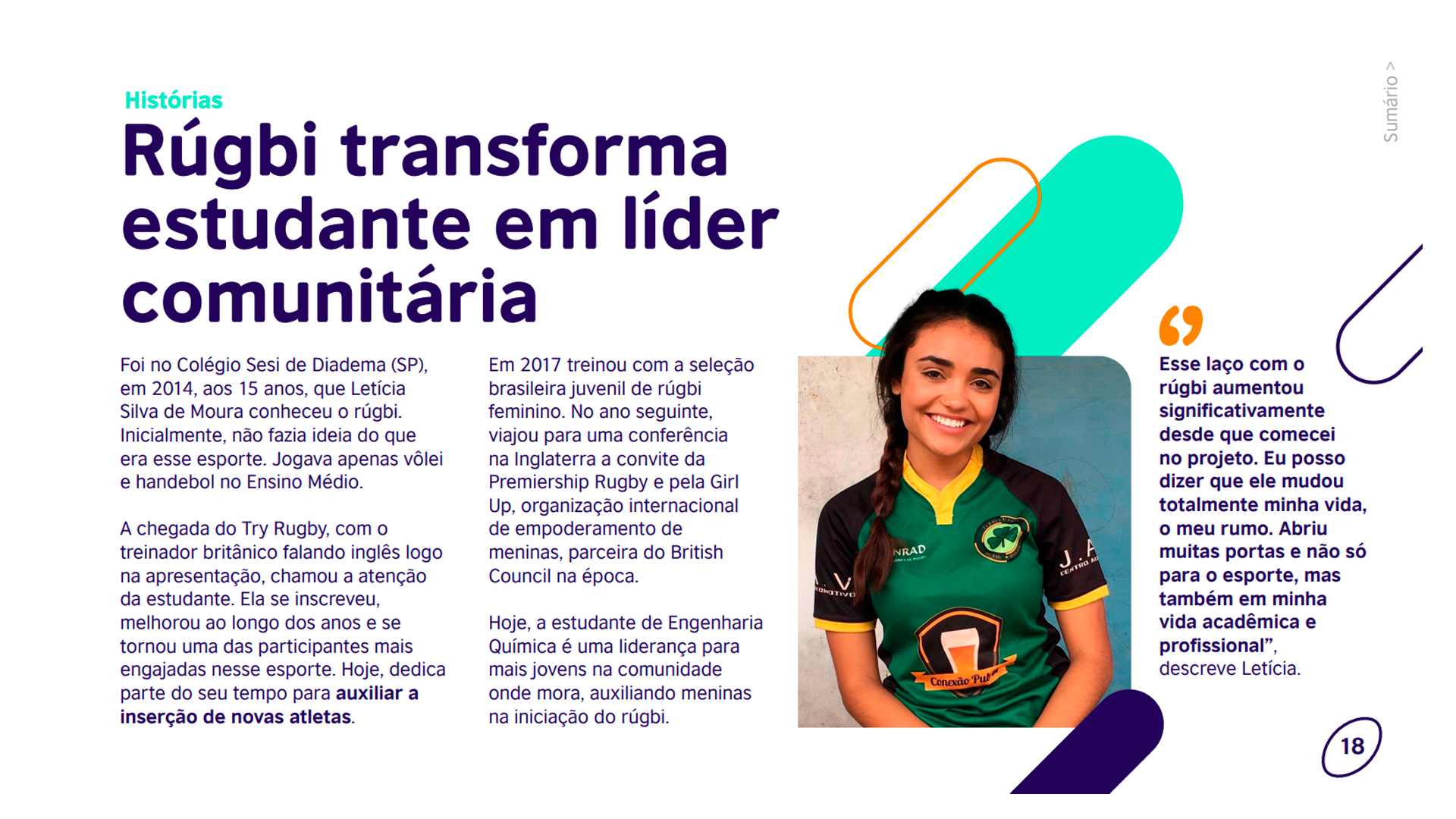 Uma página de depoimento dentro do relatório de atividades do British Conciul com a foto de uma adolescente branca, com cabelos castanhos e de camisa verde.