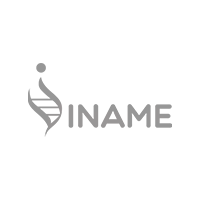Logotipo cinza do INAME com um ícone de hélice de DNA sobre fundo branco.