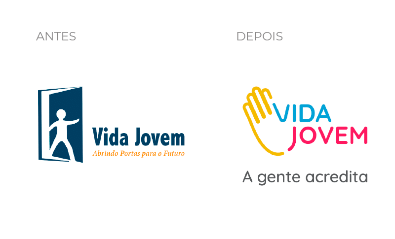 Antes e depois da logo da Associação Vida Jovem, seguindo o minimalismo, umas das tendências de design 2022