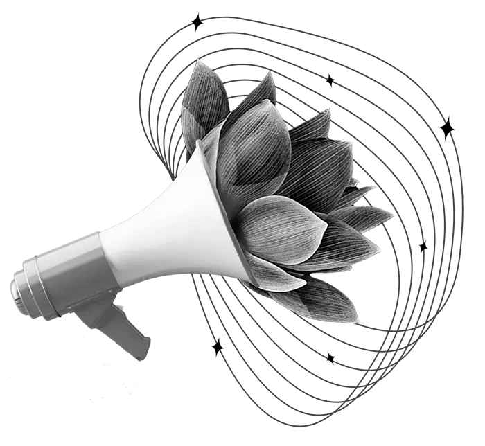 Um desenho em preto e branco de uma flor saindo de um megafone