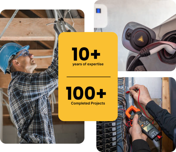Electrician working on wiring with text: 10+ years of expertise and 100+ completed projects.
