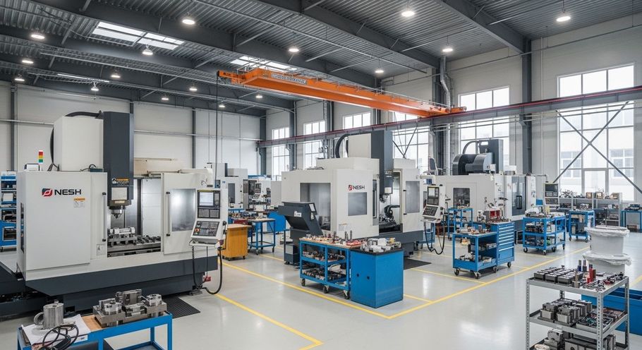Machine shop interior with multiple CNC machines, tools, and a gantry crane.