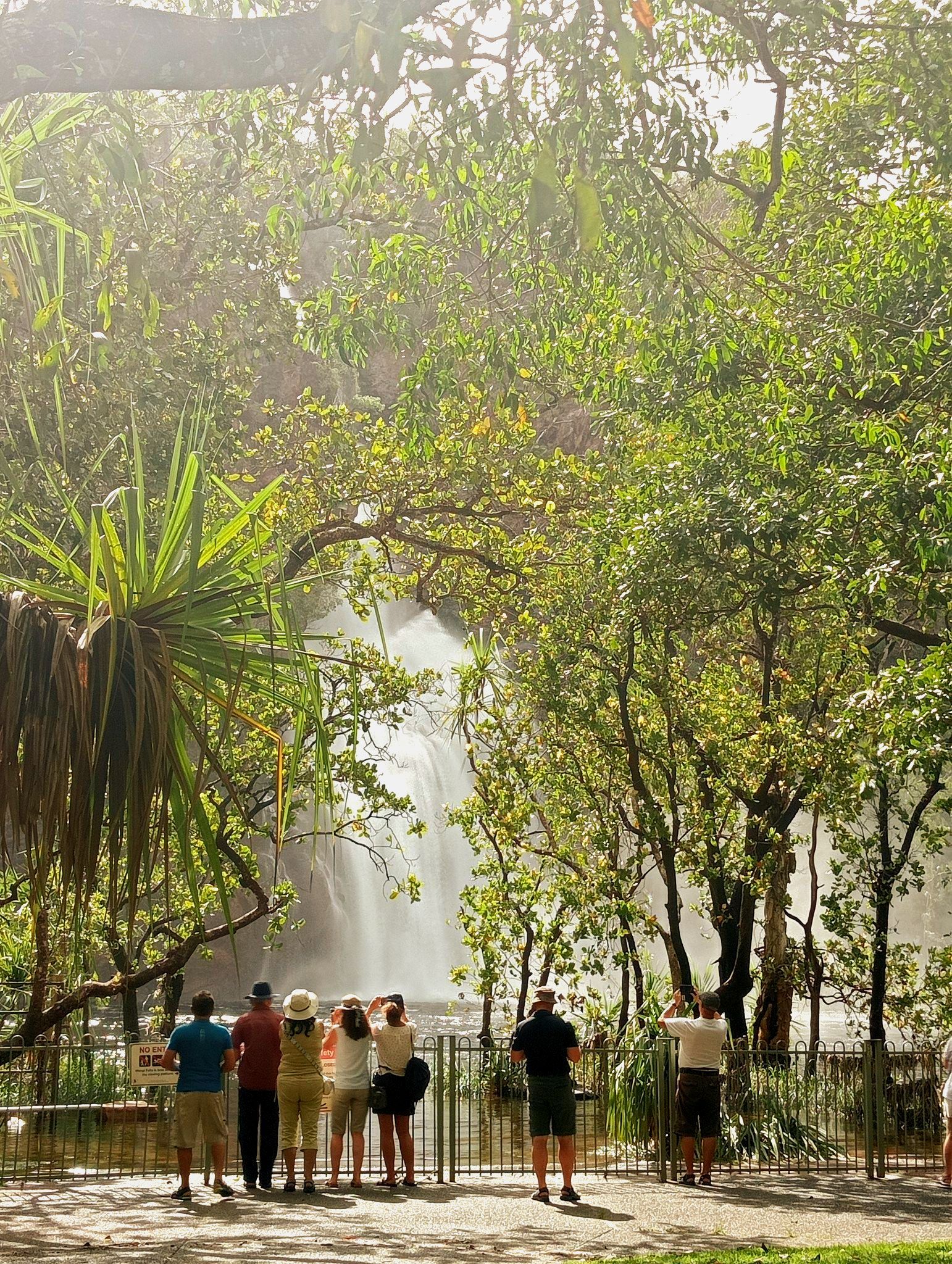 A Group of People Are Standing in Front of a Waterfall — NT Driver Guide - Escorted Tours & Transfers in Darwin City, NT