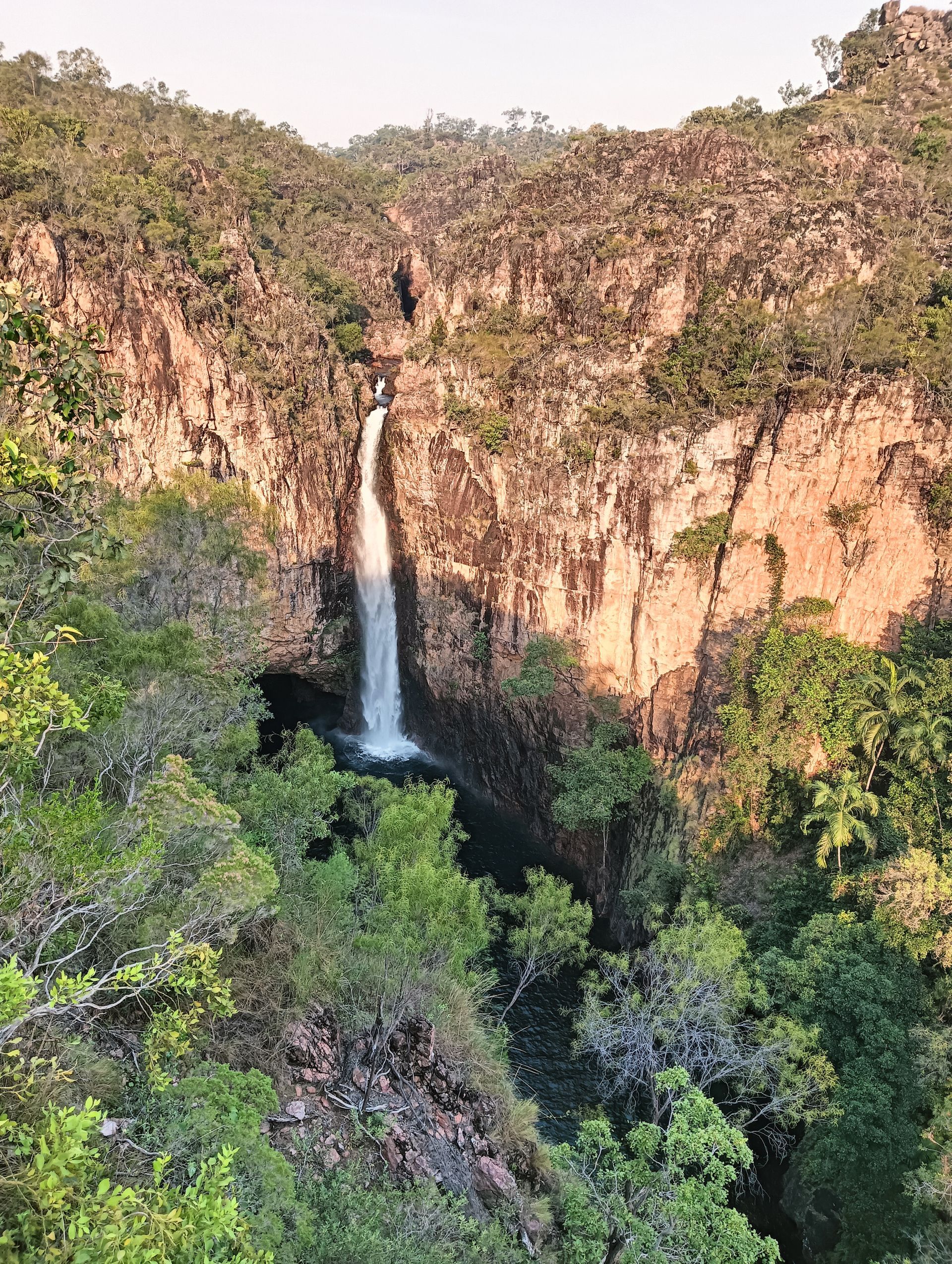 Waterfall cascading down a rocky cliff face, surrounded by green foliage — NT Driver Guide - Escorted Tours & Transfers in Darwin City, NT