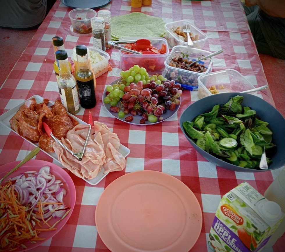 Picnic table with red-and-white checkered tablecloth, food including grapes, salad, and meat — NT Driver Guide - Escorted Tours & Transfers in Darwin City, NT