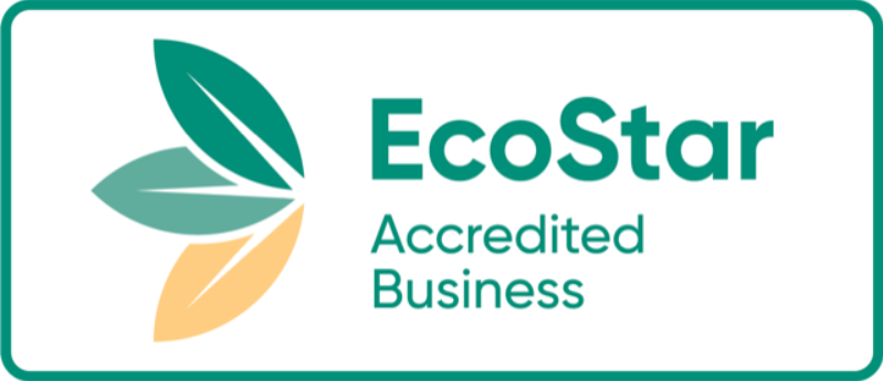 EcoStar Accredited Business logo with green leaf icon and teal and gold accents