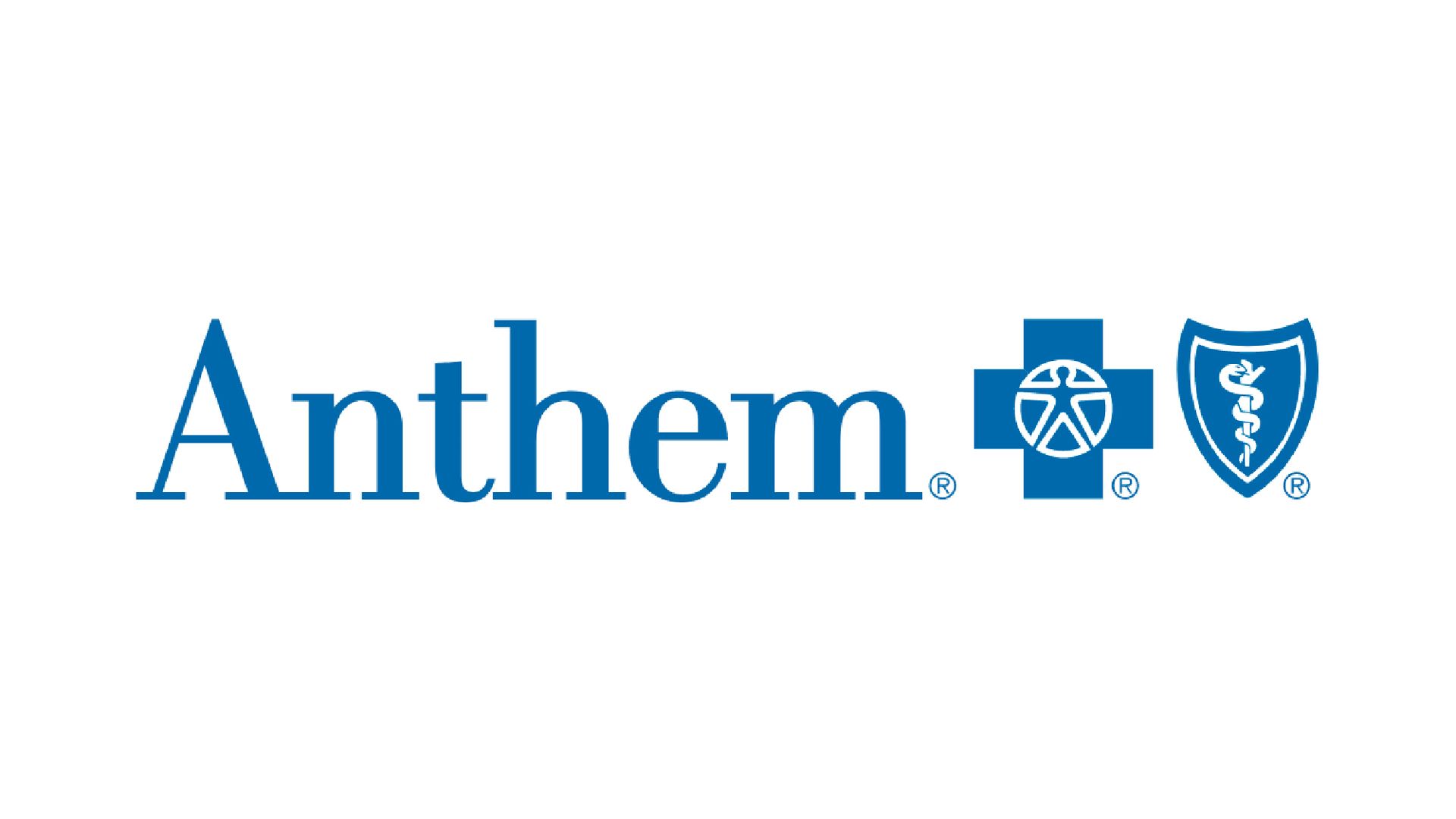Anthem logo with blue text and symbols: a cross, and a shield with a snake.
